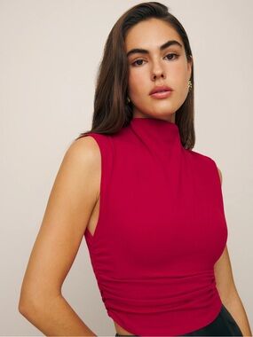 Reformation Lindy Red Ruched Mock Neck Crop Top S
